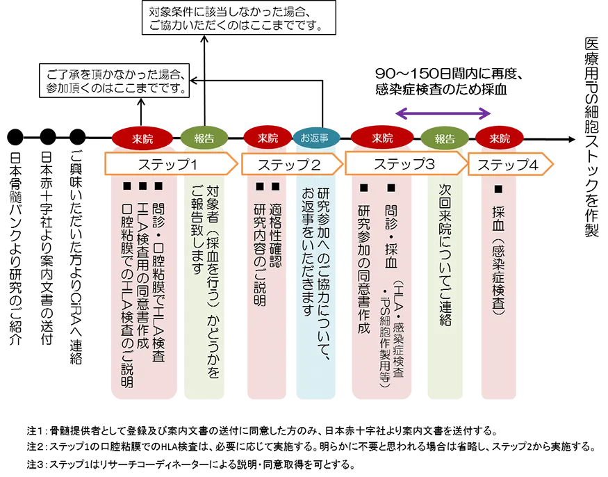 医療用iPS細胞ストック構築に関する研究への協力ステップ図